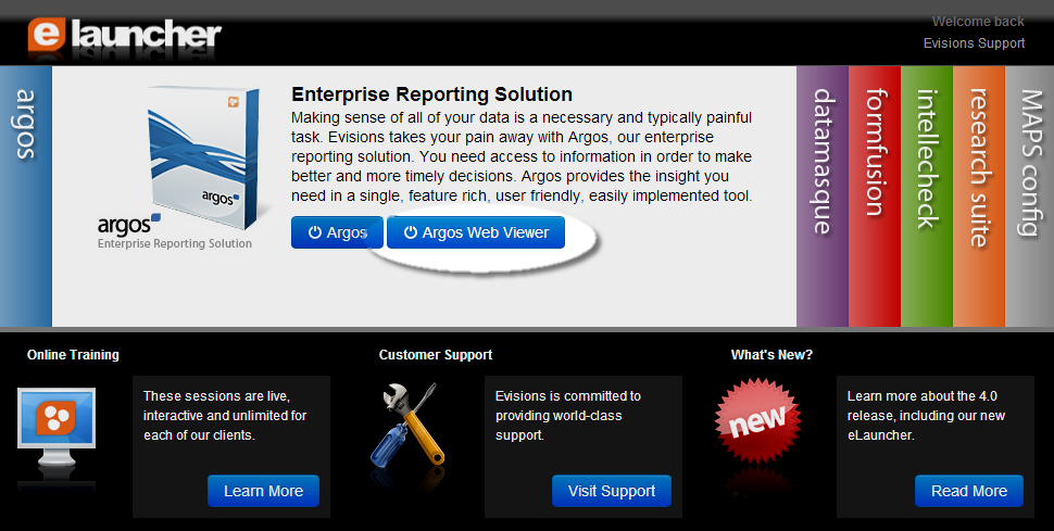 Web launch page for all Evisions products showing buttons to launch Argos or Argos Web Viewer